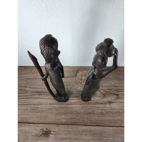 VINTAGE African Carved Ebony Statues 13" Warrior & Village Woman Tribal Folkart - Picture 8 of 10